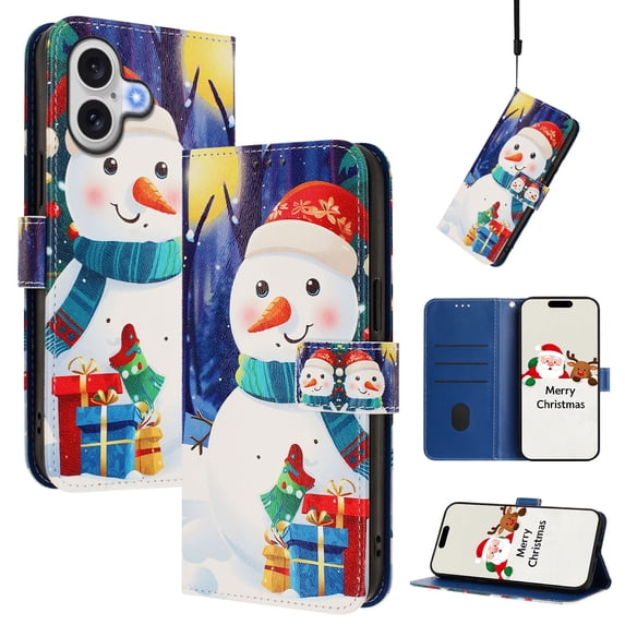 Phone Case for iPhone 16, Luxury Christmas Pattern Card Slots Cash Pocket Magnetic Clasp Full Body Protection Shockproof Kickstand Wallet Flip Case with Wrist Strap for iPhone 16, C