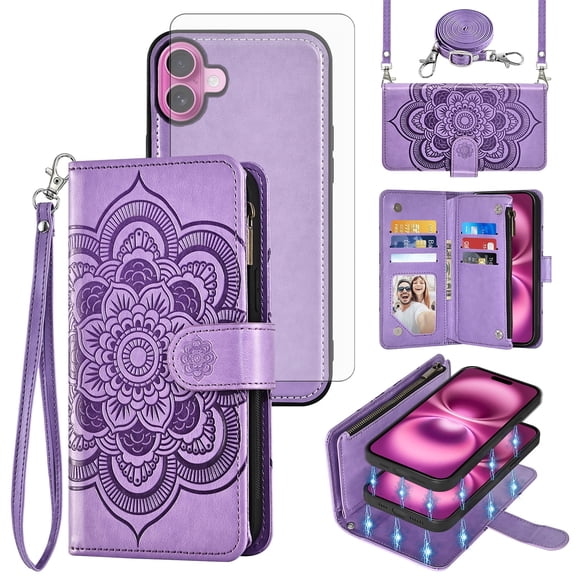Phone Case for iPhone 16 Plus 6.7 inch Zipper Wallet Magnetic Detachable Cell Cover with Tempered Glass Screen Protector Crossbody Strap Flower Card Holder Slot i Phone16 16+ i16 16Plus Women Purple