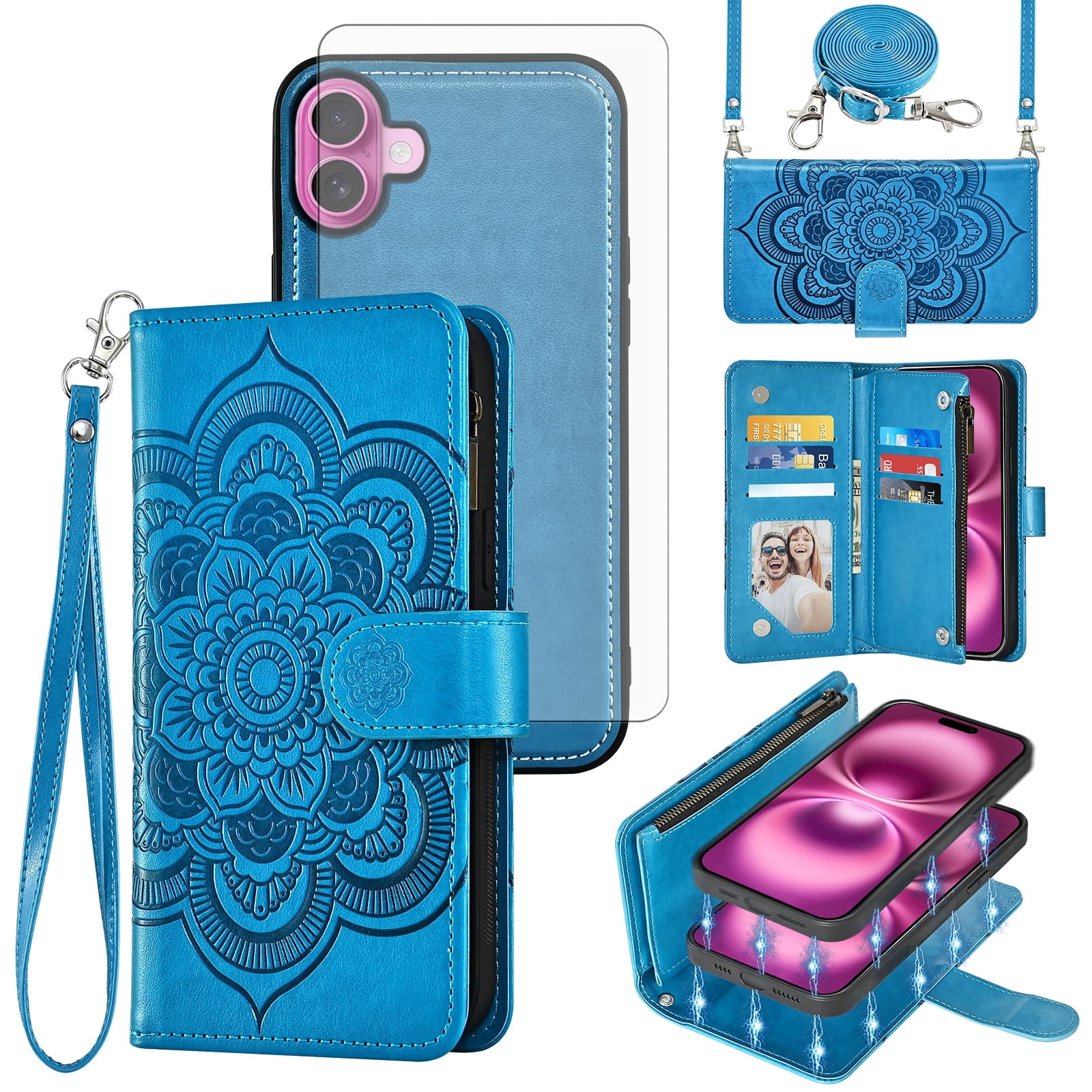 Phone Case for iPhone 16 Plus 6.7 inch Zipper Wallet Magnetic Detachable Cell Cover with Tempered Glass Screen Protector Crossbody Strap Flower Card Holder Slot i Phone16 16+ i16 16Plus Women Blue