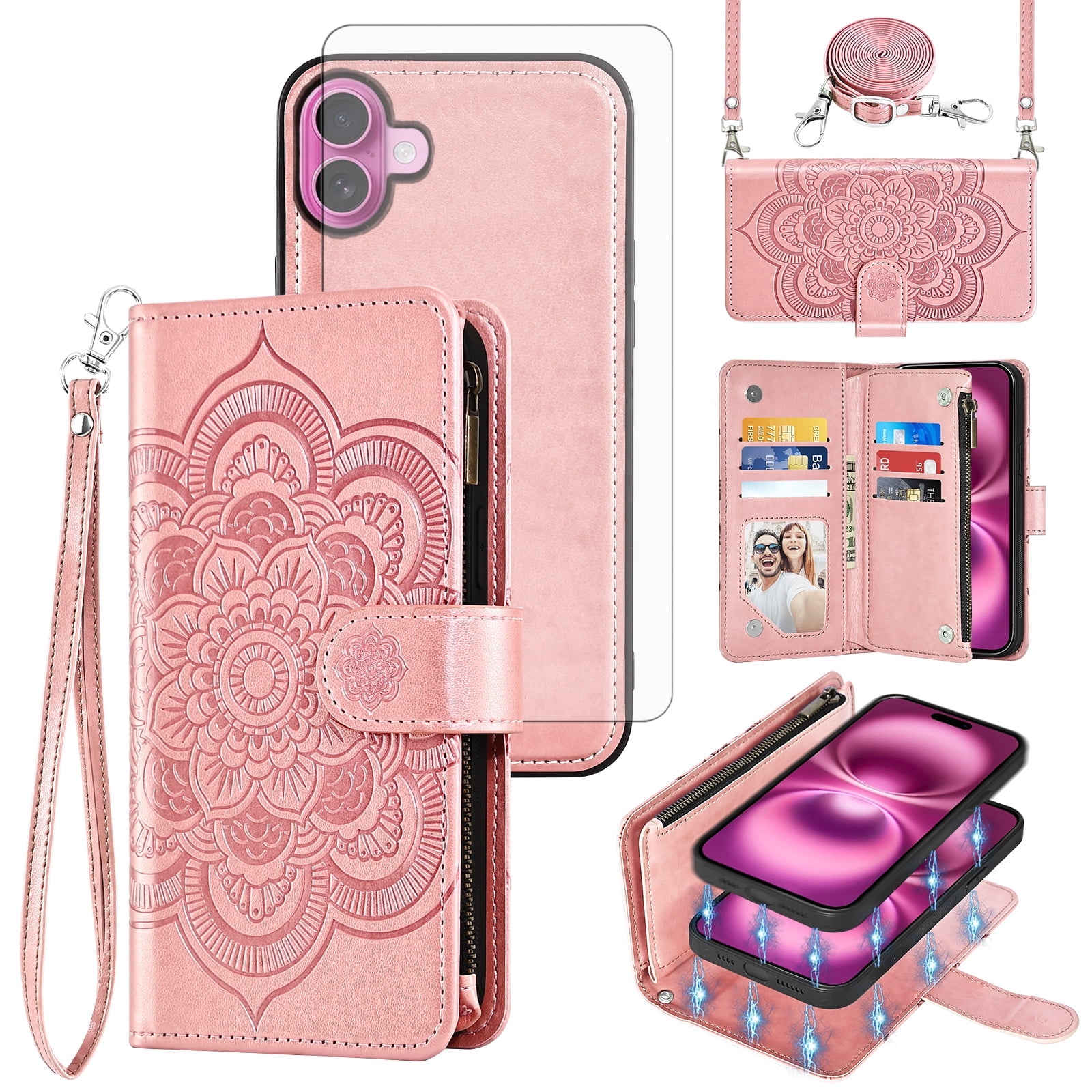Phone Case for iPhone 16 Plus 6.7 inch Zipper Wallet Magnetic Detachable Cell Cover with Tempered Glass Screen Protector Crossbody Strap Flower Card Holder Slot i Phone16 16+ i16 16Plus Women Pink