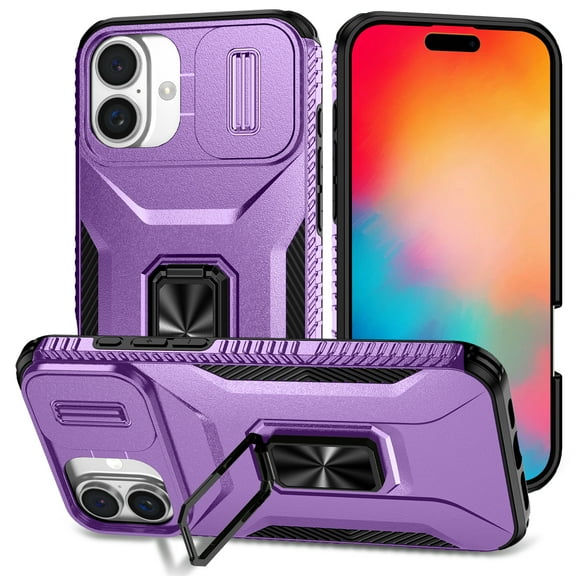 Phone Case for iPhone 16 Plus Case with Sliding Camera Cover, with 360° + 100° Free Rotation Metal Finger Ring Bracket, Fit Magnet Car Mount, 2 In 1 Case Cover for iPhone 16 Plus, Purple