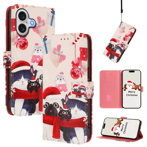 Phone Case for iPhone 16 Plus, Luxury Christmas Pattern Card Slots Cash Pocket Magnetic Clasp Full Body Protection Shockproof Kickstand Wallet Flip Case with Wrist Strap for iPhone 16 Plus, E