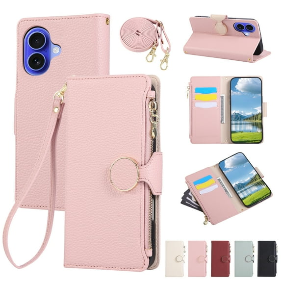 Phone Case for iPhone 16 Plus, Lychee Texture PU Leather Magnetic Clasp Zipper Wallet with Crossbody + Wrist Strap Card Holder Stand Flip Cell Cover for iPhone 16 Plus Women Girls, Pink