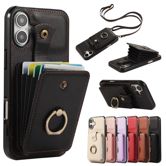 Phone Case for iPhone 16 Plus Wallet Cell Cover with Crossbody Strap, Ring Stand RFID Blocking Credit Card Holder Shockproof Drop Protective Case for iPhone 16 Plus Women Girls, Black