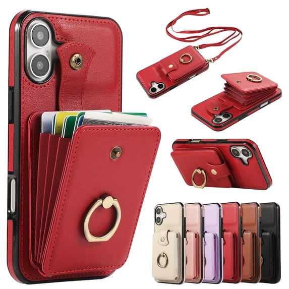 Phone Case for iPhone 16 Plus Wallet Cell Cover with Crossbody Strap, Ring Stand RFID Blocking Credit Card Holder Shockproof Drop Protective Case for iPhone 16 Plus Women Girls, Red