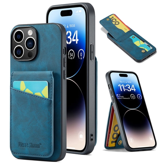 Phone Case for iPhone 16 Pro, Back Credit Card Holder Wallet Cover Study Kickstand PU Leather Magnetic Clasp RFID Blocking Case for iPhone 16 Pro Cases Women, Blue