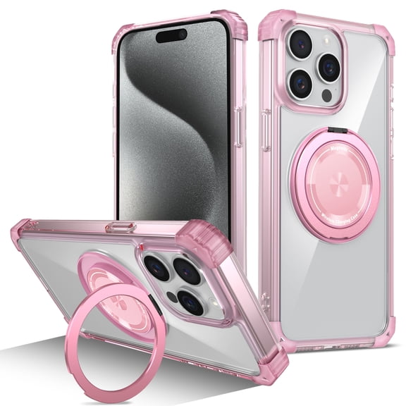 Phone Case for iPhone 16 Pro Max with 360° Rotatable Ring Holder Kickstand, Clear Non-Yellowing Transparent Magnetic Cover, Military Grade Drop Protection Shockproof Case for iPhone 16 Pro Max, Pink