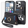 thumbnail image 1 of Phone Case for iPhone 16 Pro Max 6.9 inch Wallet Cell Cover with Tempered Glass Screen Protector Slim Lanyard Wrist Strap RFID Ring Stand Credit Card Holder Slot i Phone16 16Pro i16PM 16ProMax Black, 1 of 11