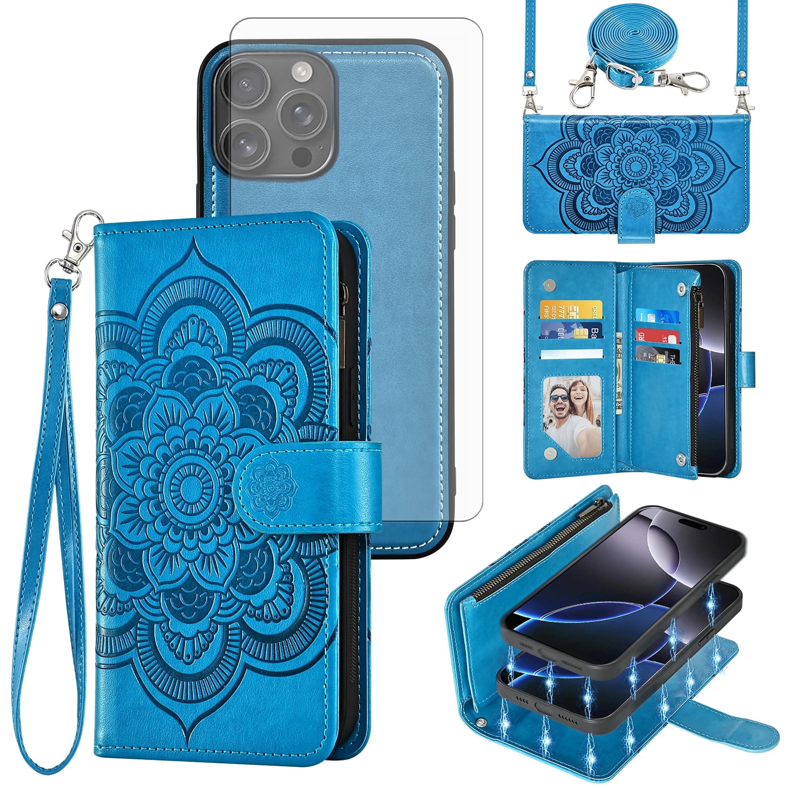 Phone Case for iPhone 16 Pro Max 6.9 inch Zipper Wallet Magnetic Detachable Cell Cover with Tempered Glass Screen Protector Crossbody Strap Flower Card Holder Slot i16 ProMax 16ProMax Women Blue