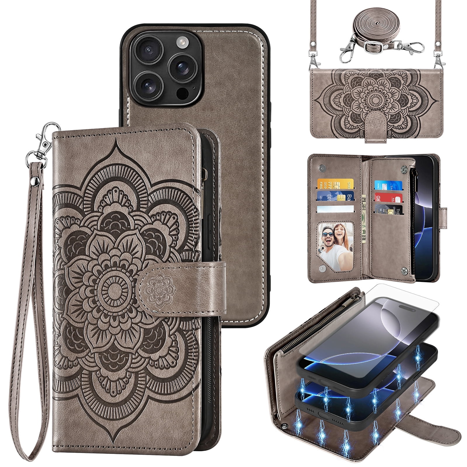 Phone Case for iPhone 16 Pro Max 6.9 inch Zipper Wallet Magnetic Detachable Cell Cover with Tempered Glass Screen Protector Crossbody Strap Flower Card Holder Slot i16 ProMax 16ProMax Women Grey