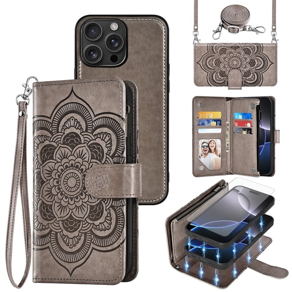 Phone Case for iPhone 16 Pro Max 6.9 inch Zipper Wallet Magnetic Detachable Cell Cover with Tempered Glass Screen Protector Crossbody Strap Flower Card Holder Slot i16 ProMax 16ProMax Women Grey
