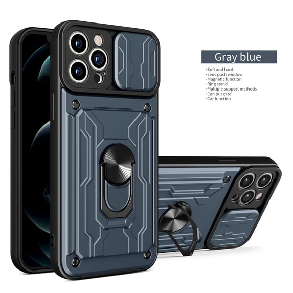 Phone Case for iPhone 16 Pro Max with Camera Lens Slide Cover, Detachable Card Slot Holder Ring Kickstand, Support Magnet Car Mount, Heavy Duty Military Grade Protection Cover, Gray
