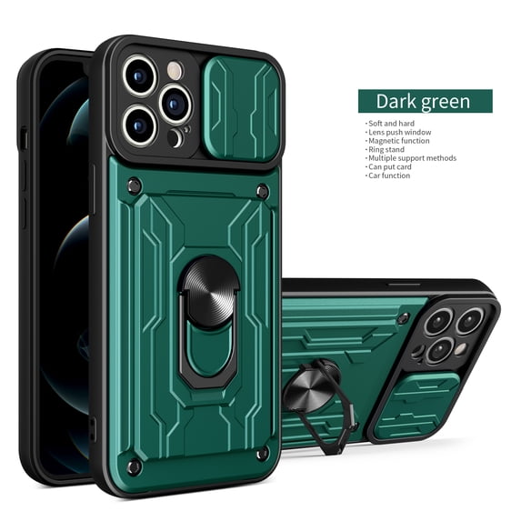 Phone Case for iPhone 16 Pro Max with Camera Lens Slide Cover, Detachable Card Slot Holder Ring Kickstand, Support Magnet Car Mount, Heavy Duty Military Grade Protection Cover, Green