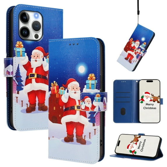 Phone Case for iPhone 16 Pro Max, Luxury Christmas Pattern Card Slots Cash Pocket Magnetic Clasp Full Body Protection Shockproof Kickstand Wallet Flip Case with Wrist Strap for iPhone 16 Pro Max, D
