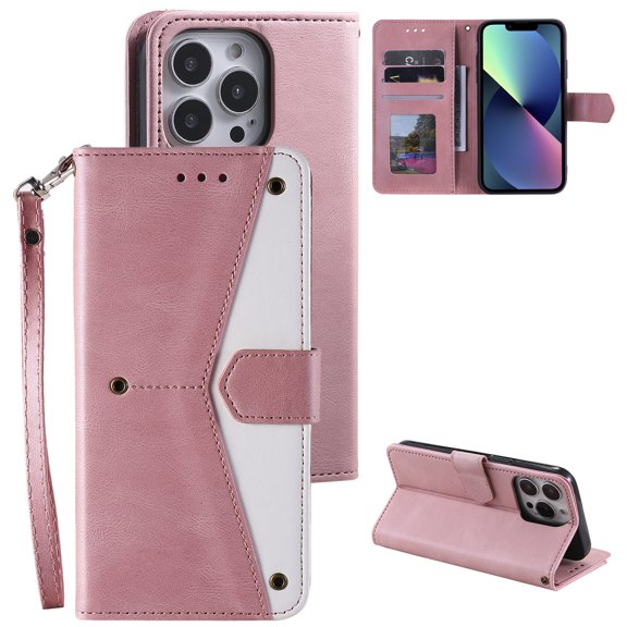 Phone Case for iPhone 16 Pro Wallet Cover with Wrist Strap, Splicing PU Leather Flip Case Card Holder Slots Kickstand Magnetic Closure for Women Men for iPhone 16 Pro, Pink