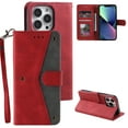 thumbnail image 1 of Phone Case for iPhone 16 Pro Wallet Cover with Wrist Strap, Splicing PU Leather Flip Case Card Holder Slots Kickstand Magnetic Closure for Women Men for iPhone 16 Pro, Red, 1 of 6