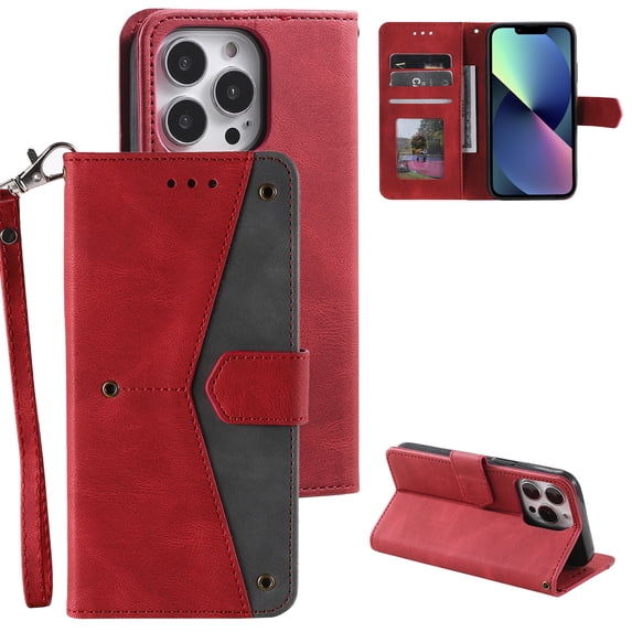 Phone Case for iPhone 16 Pro Wallet Cover with Wrist Strap, Splicing PU Leather Flip Case Card Holder Slots Kickstand Magnetic Closure for Women Men for iPhone 16 Pro, Red