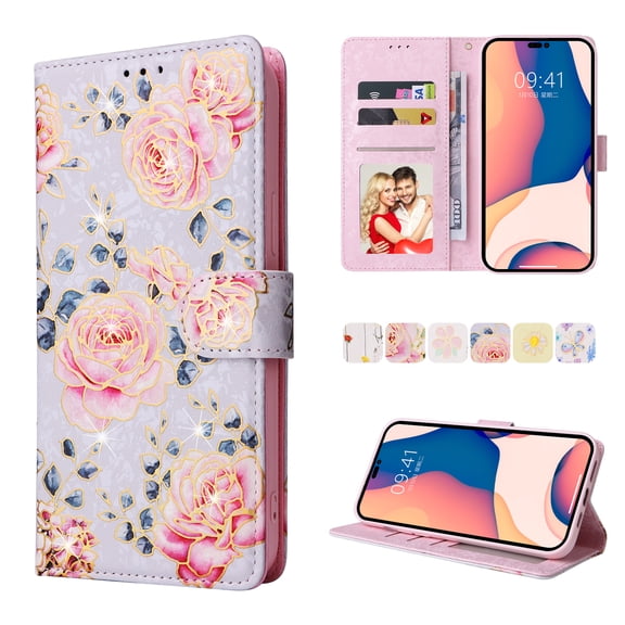 Phone Case for iPhone 16 Pro, for iPhone 16 Pro Wallet Case, PU Leather [RFID Blocking] [Wrist Strap] [Kickstand] Shockproof Cover for iPhone 16 Pro, Rose