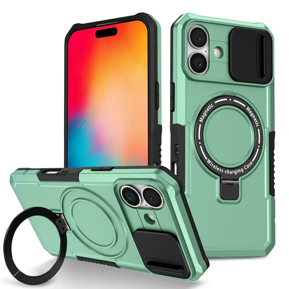 Phone Case for iPhone 16 with Sliding Camera Cover, Hand Grip Anti Slip Design Kickstand Ring Holder Hybrid Magnetic Wireless Charging Phone Cover for Apple iPhone 16 - Lightgreen