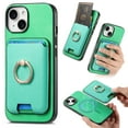 thumbnail image 1 of Phone Case for iPhone 16, Ultra Slim Phone Grip Ring Stand PU Leather Detachable Magnetic Credit Card Holder Drop Protective Case Cover Compatible with iPhone 16, Green, 1 of 11