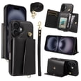thumbnail image 1 of Phone Case for iPhone 16 Wallet Cover, Classic Credit Card Holder & Crossbody Strap & Hand Strap Kickstand PU Leather for iPhone 16 Protective Rugged Case Women Men, Black, 1 of 5