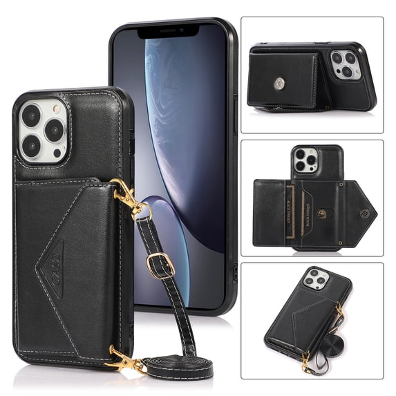 Phone Case for iPhone 16 Wallet Cover with Wrist Crossbody Strap Lanyard Credit Shoulder Card Holder Slot Stand Leather Back Magnetic Flip Cell Accessories For iPhone 16,
Black