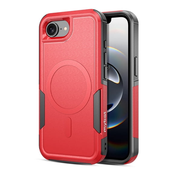 Phone Case For iPhone 16E (6.1") MagSafe Compatible, Hybrid Dual-Layer Shockproof, Rugged Grip Cover, MyBat Fortress Series for Apple iPhone 16e - Red