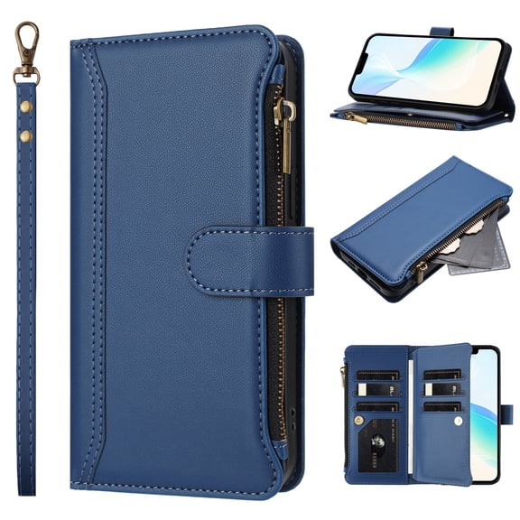 Phone Case for iPhone 16E / iPhone SE 2025 / iPhone SE4, Shockproof PU Leather Wallet Case with 9 Card Slots Anti-Scratch Stand Magnetic Flip Zipper Pocket Cover, Navy blue
