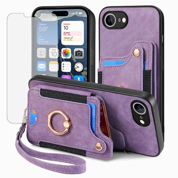 Phone Case for iPhone 16e/SE 2025/SE 4 Wallet Cell Cover with Tempered Glass Screen Protector Slim Lanyard Wrist Strap RFID Ring Stand Credit Card Holder Slot i Phone16e 16e SE4 4th Generation Purple