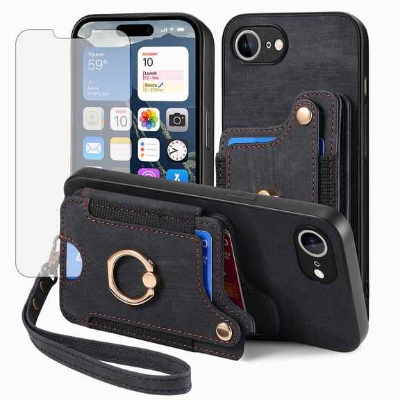Phone Case for iPhone 16e/SE 2025/SE 4 Wallet Cell Cover with Tempered Glass Screen Protector Slim Lanyard Wrist Strap RFID Ring Stand Credit Card Holder Slot i Phone16e i16e SE4 4th Generation Black