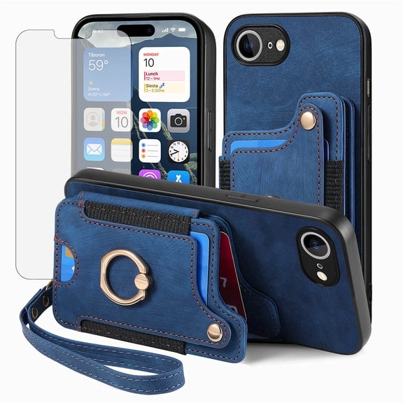 Phone Case for iPhone 16e/SE 2025/SE 4 Wallet Cell Cover with Tempered Glass Screen Protector Slim Lanyard Wrist Strap RFID Ring Stand Credit Card Holder Slot i Phone16e i16e SE4 4th Generation Blue