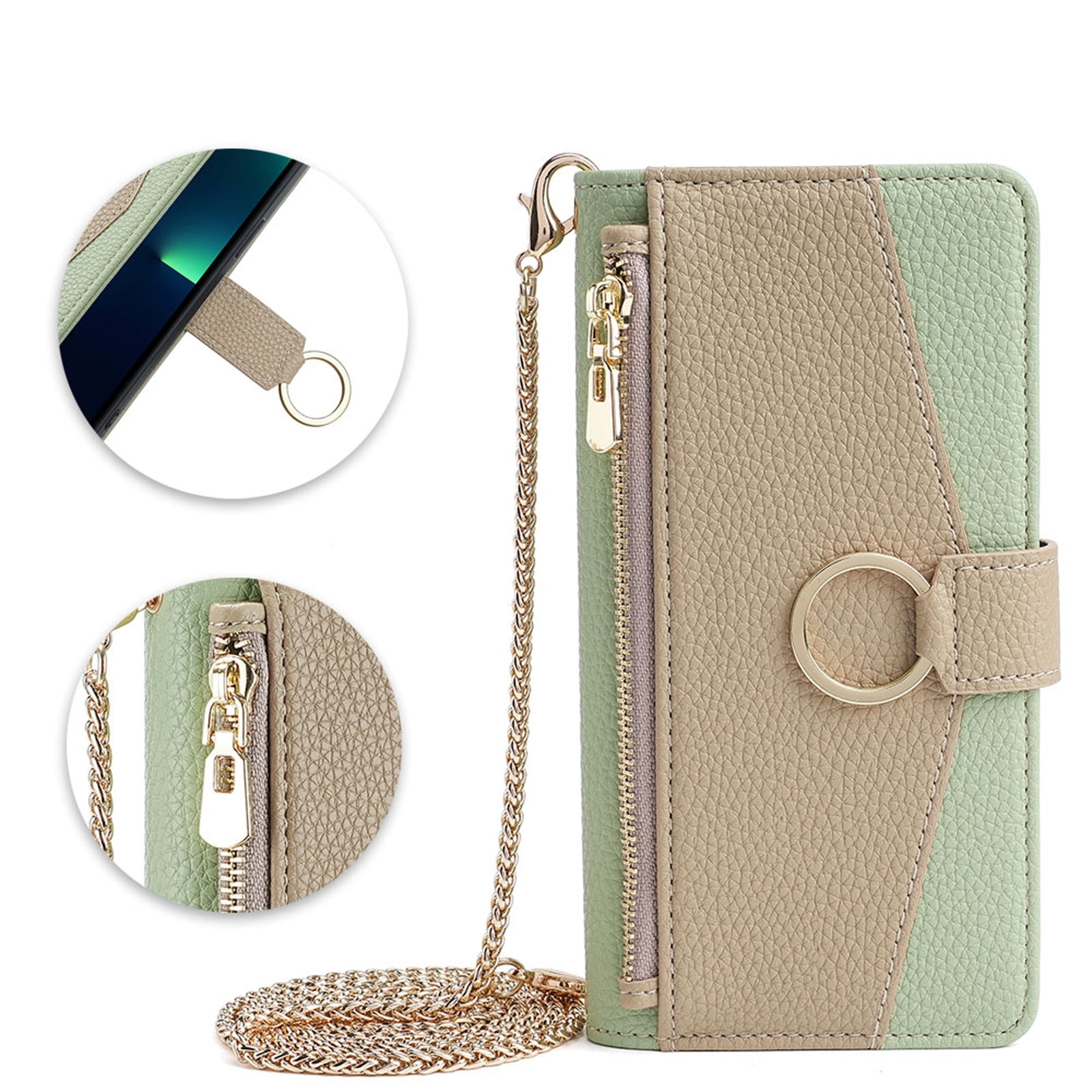 Phone Case for iPhone 16e Zipper Wallet Cover with Make-up Mirror, Flip Cover PU Leather Ring Card Holder Kickstand Crossbody Strap Chain Cell Phone Case Cover for iPhone 16e, Green