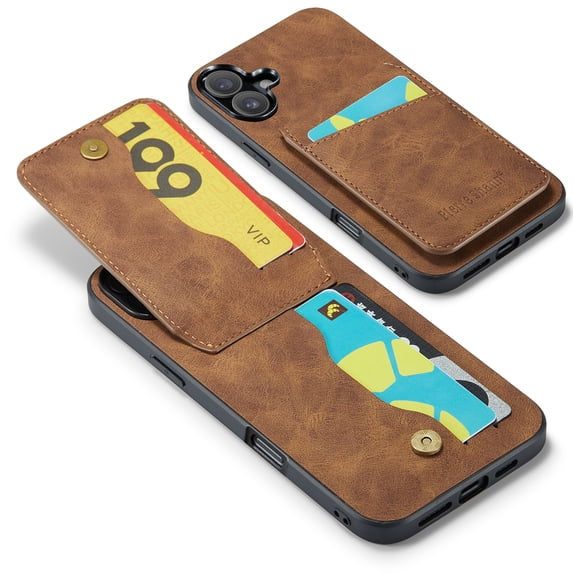 Phone Case for iPhone 17, Back Credit Card Holder Wallet Cover Study Kickstand PU Leather Magnetic Clasp RFID Blocking Case for iPhone 17 Cases Women, Brown