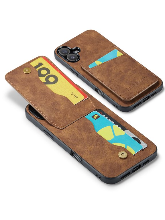 Phone Case for iPhone 17, Back Credit Card Holder Wallet Cover Study Kickstand PU Leather Magnetic Clasp RFID Blocking Case for iPhone 17 Cases Women, Brown
