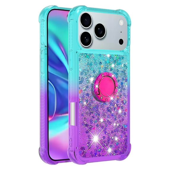Phone Case for iPhone 17 Pro Case with Ring Kickstand, Cute Glitter Bling Sparkle Quicksand Flowing Liquid Clear Gel Silicone ShockProof Cover for iPhone 17 Pro Girls-B1