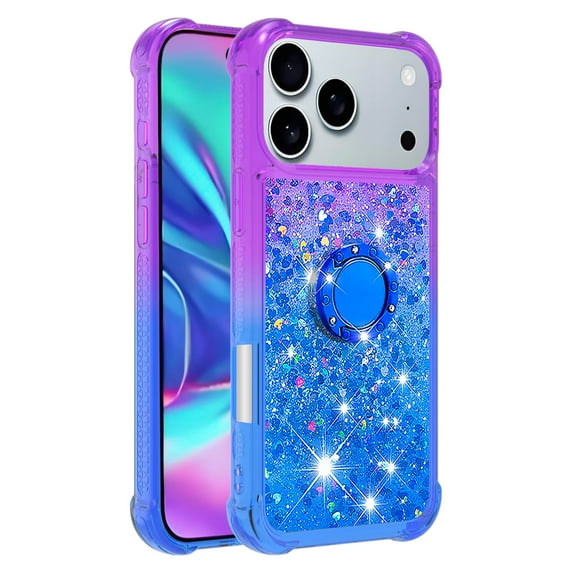 Phone Case for iPhone 17 Pro Case with Ring Kickstand, Cute Glitter Bling Sparkle Quicksand Flowing Liquid Clear Gel Silicone ShockProof Cover for iPhone 17 Pro Girls-B4