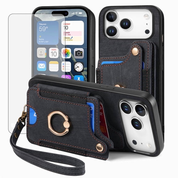 Phone Case for iPhone 17 Pro Max 6.9 inch Wallet Cell Cover with Tempered Glass Screen Protector Slim Lanyard Wrist Strap RFID Ring Stand Credit Card Holder Slot i Phone17 17Pro i17 PM 17ProMax Black