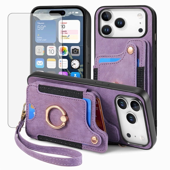 Phone Case for iPhone 17 Pro Max 6.9 inch Wallet Cell Cover with Tempered Glass Screen Protector Slim Lanyard Wrist Strap RFID Ring Stand Credit Card Holder Slot i Phone17 17Pro i17PM 17ProMax Purple