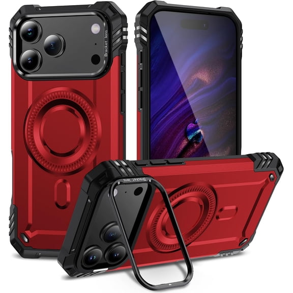 Phone Case for iPhone 17 Pro Max Compatible with MagSafe with Metal Camera Ring Stand, Heavy Duty Rugged Silicone&PC Military Grade Shockproof Protective Cover for Men Boys