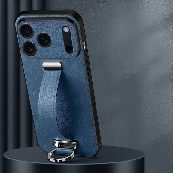 Phone Case for iPhone 17 Pro Max, PU Leather Cover and Wrist Strap Kickstand Wristband Holder Stand Ring Silicone Protective Cell Accessories for iPhone 17 Pro Max for Women Men - Darkblue