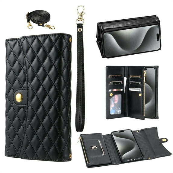 Phone Case for iPhone 17 Pro Max Wallet Cover with Crossbody Strap and Wrist Strap, Card Slots Stand PU Leather Flip Magnetic Buckle Zipper Pocket for iPhone 17 Pro Max Case Women Girls, Black