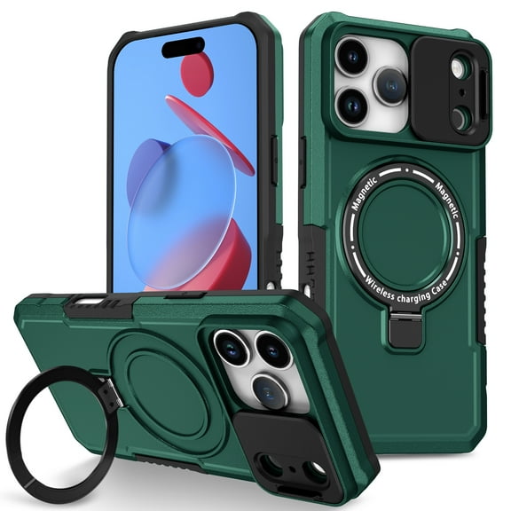 Phone Case for iPhone 17 Pro with Sliding Camera Cover, Hand Grip Anti Slip Design Kickstand Ring Holder Hybrid Magnetic Wireless Charging Phone Cover for Apple iPhone 17 Pro - Darkgreen
