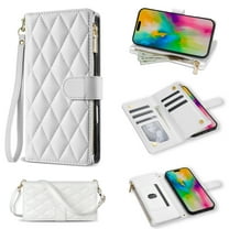 Phone Case for iPhone 17 Wallet Cover with Shoulder Strap & Wrist Strap, Card Holder Slots Stand PU Leather Zipper Pocket Flip Case Magnetic Buckle Women Girls for iPhone 17, White