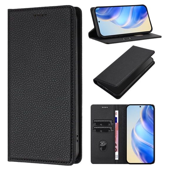 Phone Case for iPhone 17e / iPhone 16e / iPhone SE 2025 / iPhone SE4, Lychee Pattern PU Leather Case with RFID Block Card Slots Stand Magnetic Flip Wallet Cover, Black