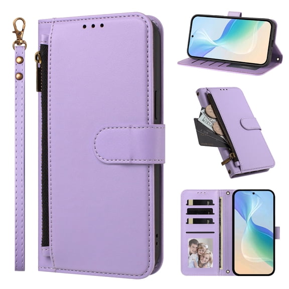 Phone Case for iPhone 17e / iPhone 16e / iPhone SE 2025 / iPhone SE4, Shockproof PU Leather Flip Wallet Case with 4 Card Slots Stand Magnetic Zipper Pocket Cover, Light purple