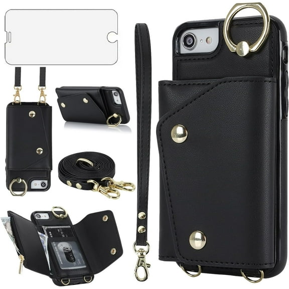 Phone Case for iPhone 7/8/SE 2020/2022 Wallet Cover with Screen Protector Ring Stand Card Holder Crossbody Strap Cell iPhone7 iPhone8 7s 8s i SE2020 SE2022 2/2nd/3/3rd Generation SE2 SE3 Women Black