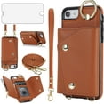 thumbnail image 1 of Phone Case for iPhone 7/8/SE 2020/2022 Wallet Cover with Screen Protector Ring Stand Card Holder Crossbody Strap Cell iPhone7 iPhone8 7s 8s i SE2020 SE2022 2/2nd/3/3rd Generation SE2 SE3 Women Brown, 1 of 13