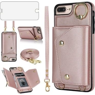 Phone Case for iPhone 7plus 8plus 7/8 Plus Wallet Cover with Screen Protector Ring Stand Card Holder Crossbody Strap Lanyard Leather Cell i Phone7s 7s + 7+ 8s 8+ Phones8 7p 8p Women Girl Men Rose gold