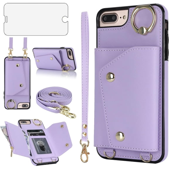 Phone Case for iPhone 7plus 8plus 7/8 Plus Wallet Cover with Screen Protector Ring Stand Card Holder Slot Crossbody Strap Lanyard Leather Cell i Phone7s 7s + 7+ 8s 8+ Phones8 7p 8p Women Girls Purple