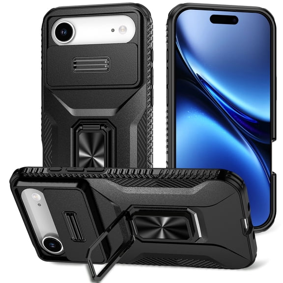 Phone Case for iPhone Air Case with Sliding Camera Cover, with 360° + 100° Free Rotation Metal Finger Ring Bracket, Fit Magnet Car Mount, 2 In 1 Case Cover for iPhone Air, Black